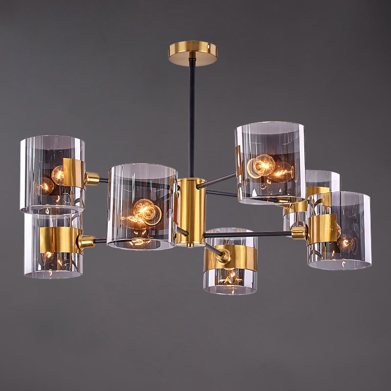 Postmodern Cylinder Chandelier in Smoke Grey Glass and Brass for Living Room