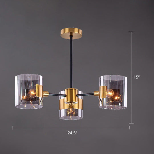 Postmodern Cylinder Chandelier in Smoke Grey Glass and Brass for Living Room