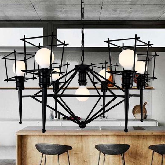 Industrial Black Iron Multi-Light Cage Pendant Chandelier for Restaurants