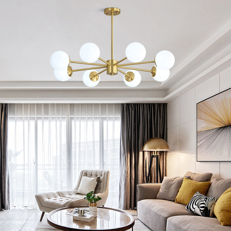 Ivory Glass Postmodern Chandelier with Gold Burst Design for Living Room