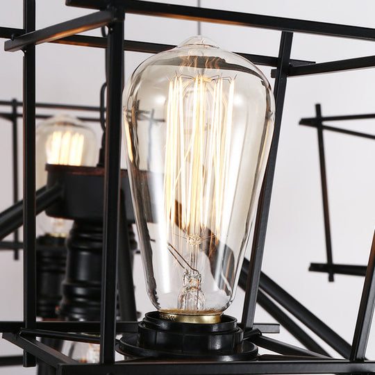 Industrial Black Iron Pendant Lighting - Squared Cage Style For Restaurants