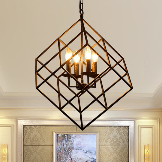 Retro Loft Cubic Cage Iron Chandelier - 4 Lights Pendant Light Stylish Restaurant Hanging Lamp In