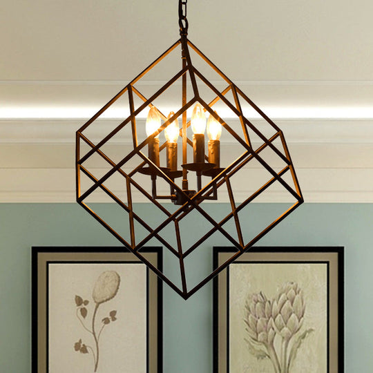 Retro Loft Cubic Cage Iron Chandelier - 4 Lights Pendant Light Stylish Restaurant Hanging Lamp In