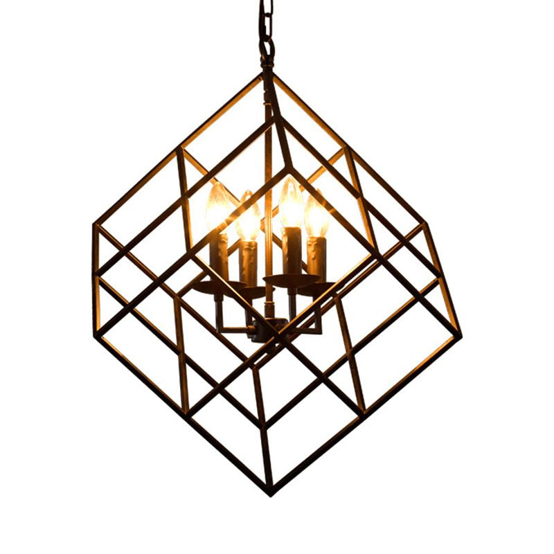 Lustre rustique en fer avec 4 lumières – Lampe suspendue vintage pour restaurants, design cage cubique en noir