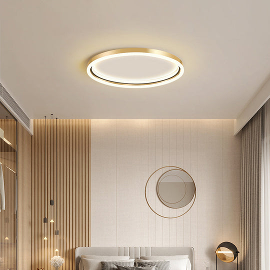 Golden Led Flush Mounted Lamp For Bedroom - Simplicity Aluminum Ring Ceiling Mount Light