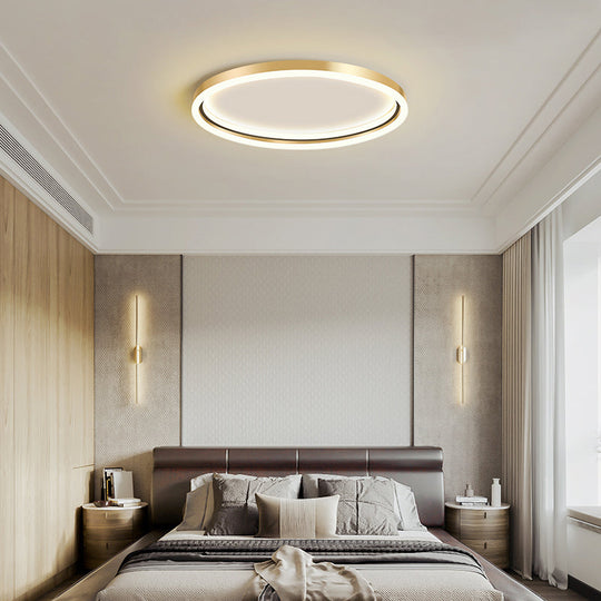 Golden Led Flush Mounted Lamp For Bedroom - Simplicity Aluminum Ring Ceiling Mount Light