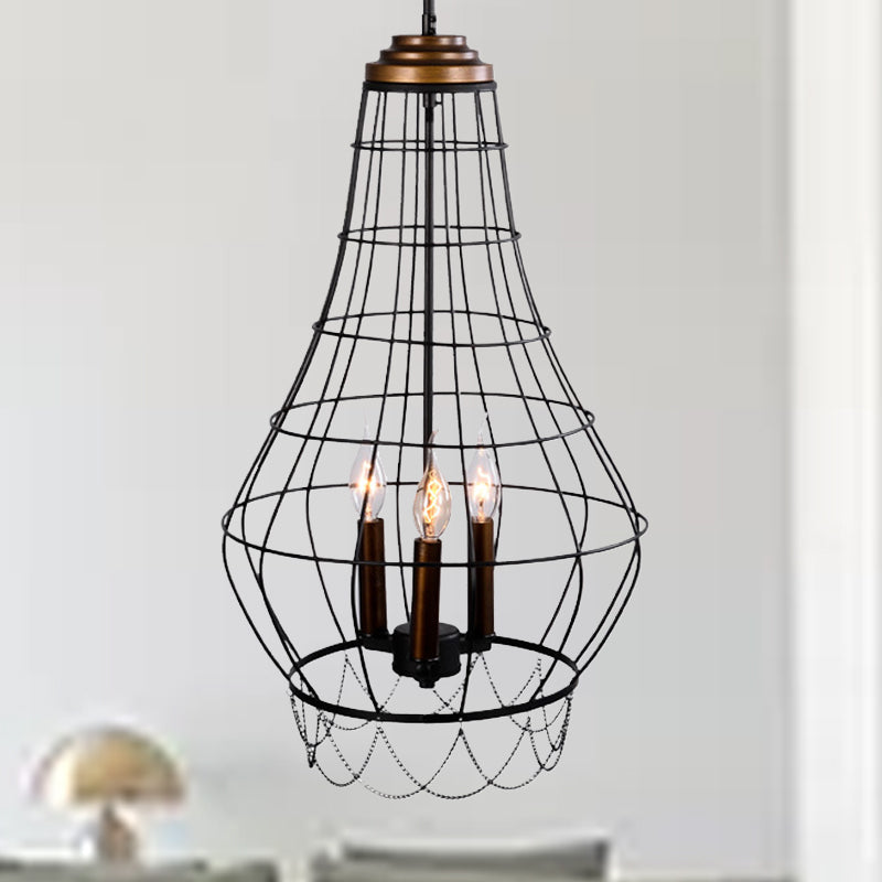 Industrial Black Finish Wire Guard Pendant Lamp With Metal Candle Design - Stylish 3-Light Balcony