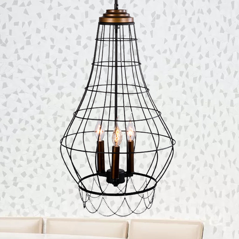 Industrial Black Finish Wire Guard Pendant Lamp With Metal Candle Design - Stylish 3-Light Balcony