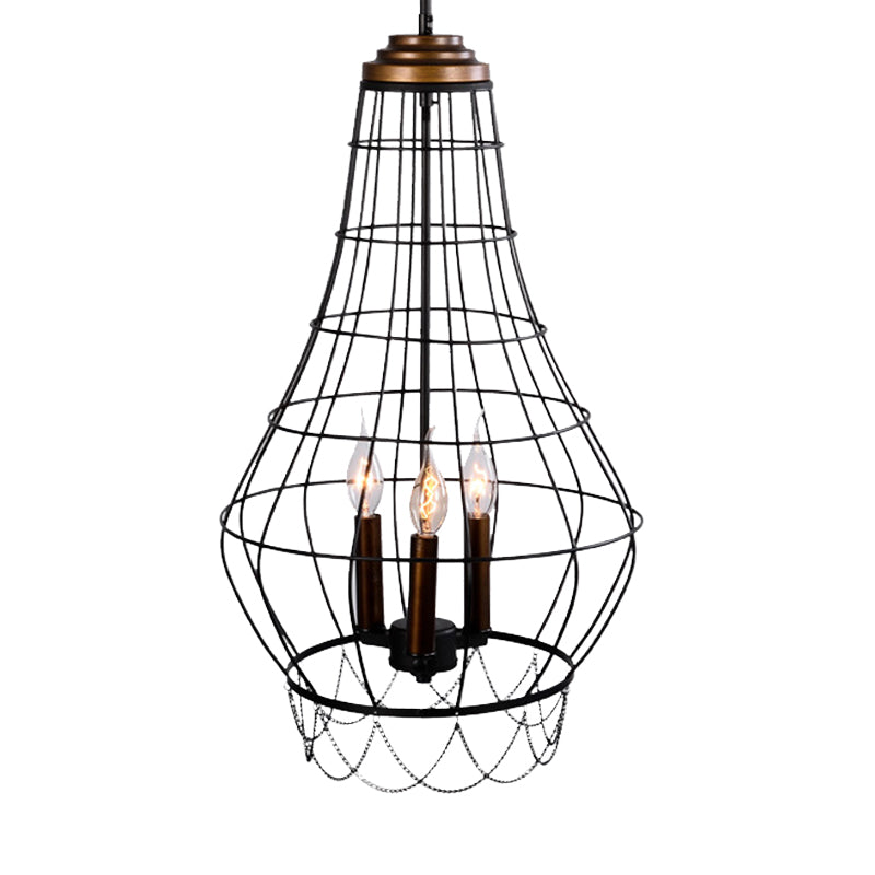 Industrial Black Finish Wire Guard Pendant Lamp With Metal Candle Design - Stylish 3-Light Balcony