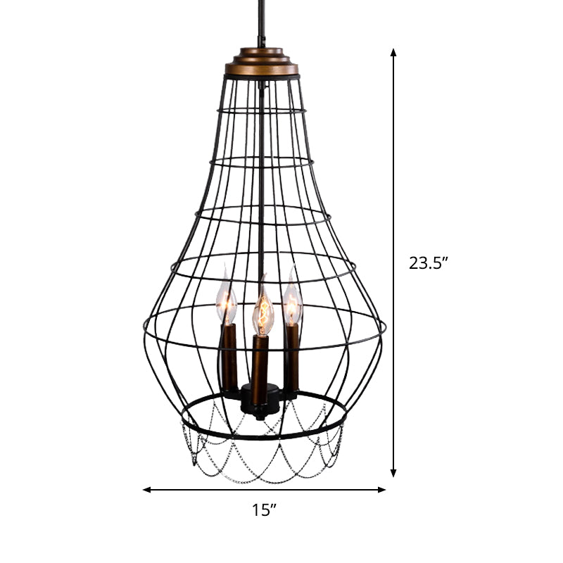 Industrial Black Finish Wire Guard Pendant Lamp With Metal Candle Design - Stylish 3-Light Balcony