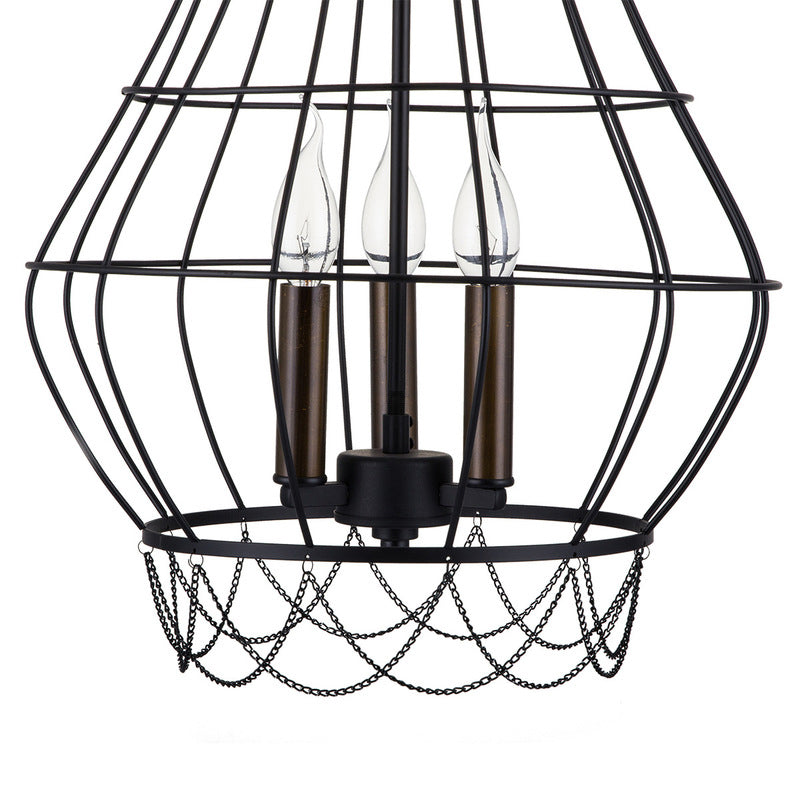 Industrial Black Finish Wire Guard Pendant Lamp With Metal Candle Design - Stylish 3-Light Balcony