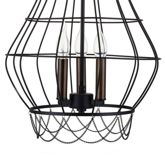 Industrial Black Finish Wire Guard Pendant Lamp With Metal Candle Design - Stylish 3-Light Balcony