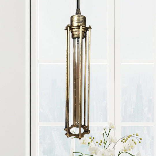 Industrial Style Metal Cage Pendant Light with Adjustable Cord - Antique Brass/Aged Silver Finish