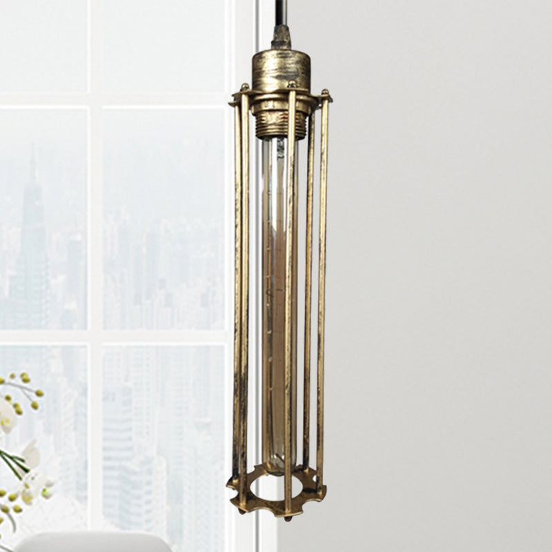 Industrial Style Metal Cage Pendant Light with Adjustable Cord - Antique Brass/Aged Silver Finish