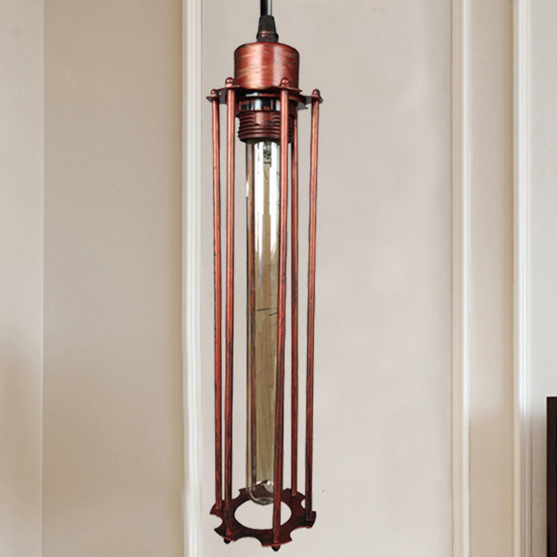 Industrial Style Metal Tube Cage Hanging Light - 1-Light Pendant Lighting For Dining Table