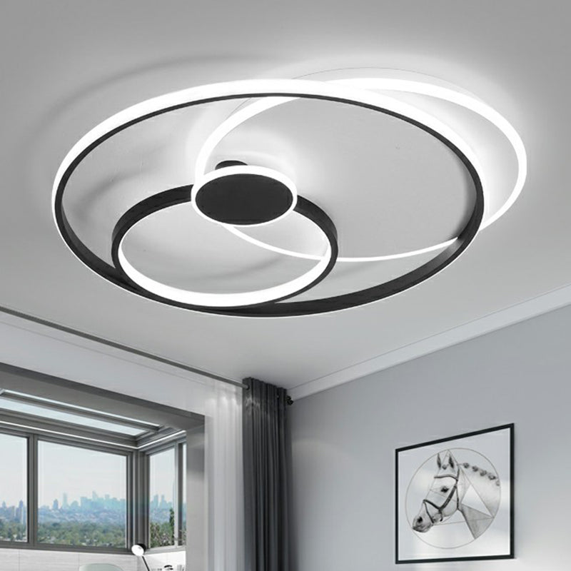 Modern Black LED Ceiling Flush Light for Bedroom - Simple Style Metal Semi-Mount Fixture