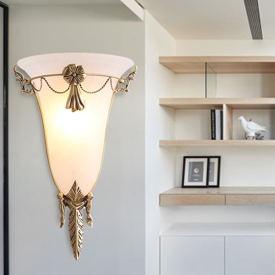 Trumpet Flare Sconce Light With White Glass And Brass Wall Fixture For Living Room - 9.5/12.5 Wide