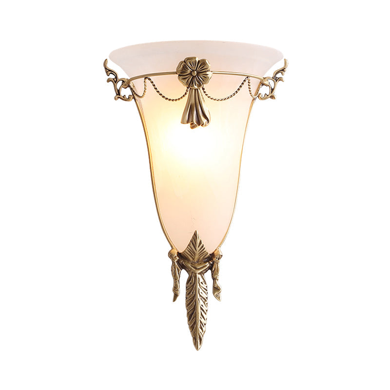 Trumpet Flare Sconce Light With White Glass And Brass Wall Fixture For Living Room - 9.5/12.5 Wide