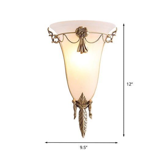 Trumpet Flare Sconce Light With White Glass And Brass Wall Fixture For Living Room - 9.5/12.5 Wide