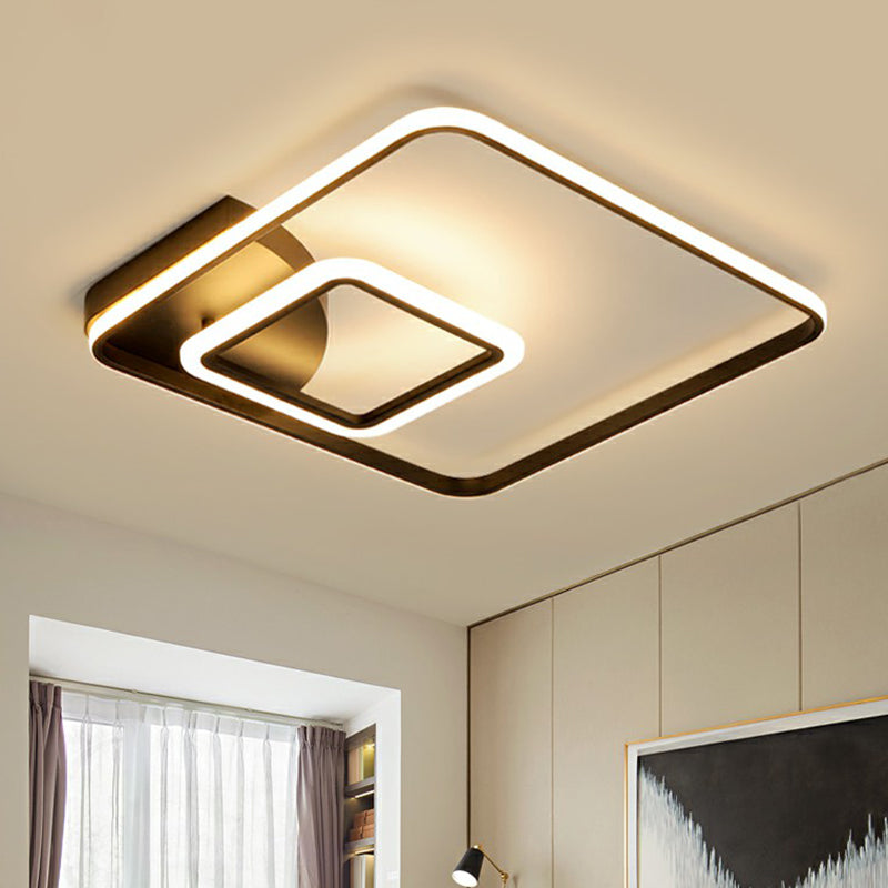 Modern Square LED Flush Mount Black Metal Ceiling Light Fixture for Hotels