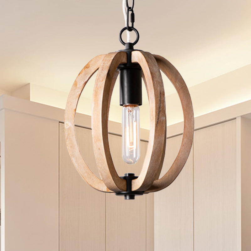 Country Style Wood Orb Drop Ceiling Pendant Light In Black For Foyer