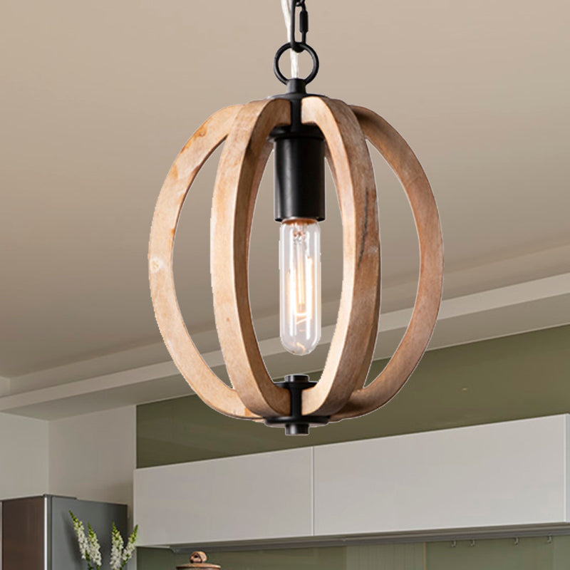 Country Style Wood Orb Drop Ceiling Pendant Light In Black For Foyer