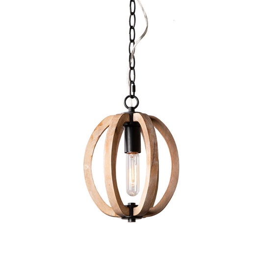 Country Style Wood Orb Drop Ceiling Pendant Light In Black For Foyer