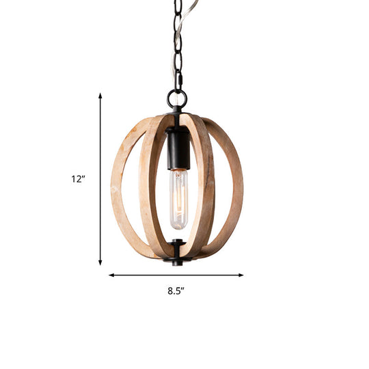 Country Style Wood Orb Drop Ceiling Pendant Light In Black For Foyer