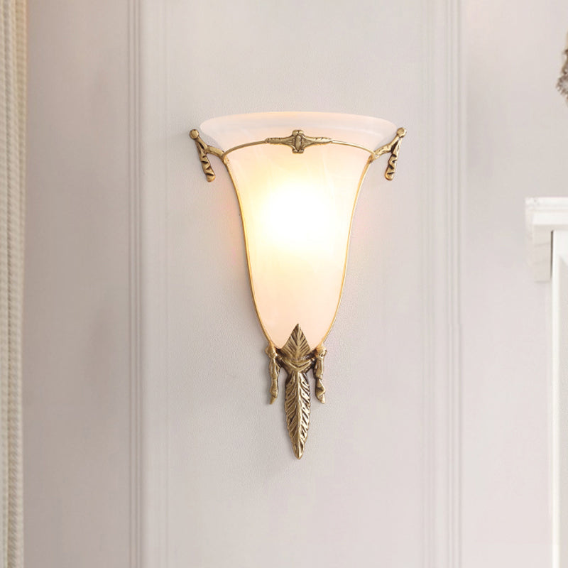 Traditional White Glass Cone Sconce Light - Brass Wall Lamp Fixture For Living Room / 10