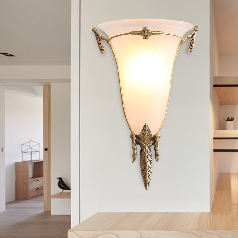 Traditional White Glass Cone Sconce Light - Brass Wall Lamp Fixture For Living Room