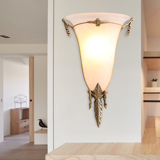 Traditional White Glass Cone Sconce Light - Brass Wall Lamp Fixture For Living Room