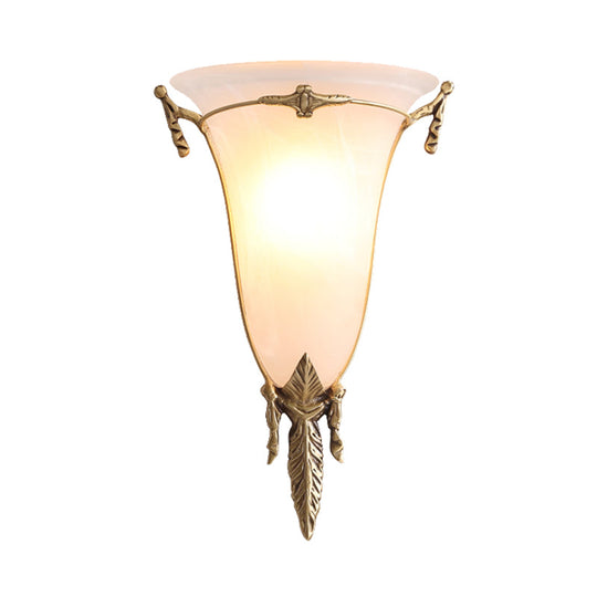 Traditional White Glass Cone Sconce Light - Brass Wall Lamp Fixture For Living Room