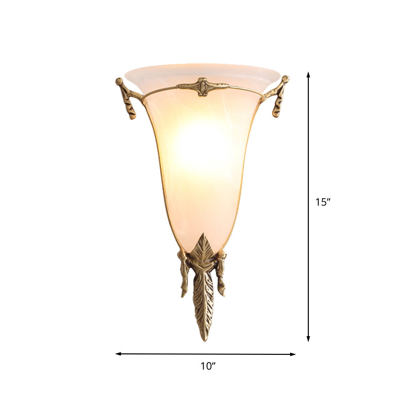 Traditional White Glass Cone Sconce Light - Brass Wall Lamp Fixture For Living Room