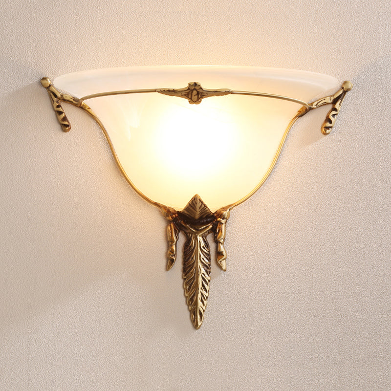 Traditional White Glass Cone Sconce Light - Brass Wall Lamp Fixture For Living Room