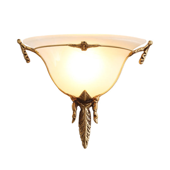 Traditional White Glass Cone Sconce Light - Brass Wall Lamp Fixture For Living Room