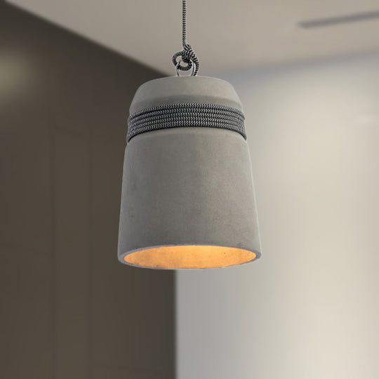 Industrial Concrete Bell Shade Pendant Ceiling Light - 1 Light Grey Hanging Ceiling Fixture with Rope Accent