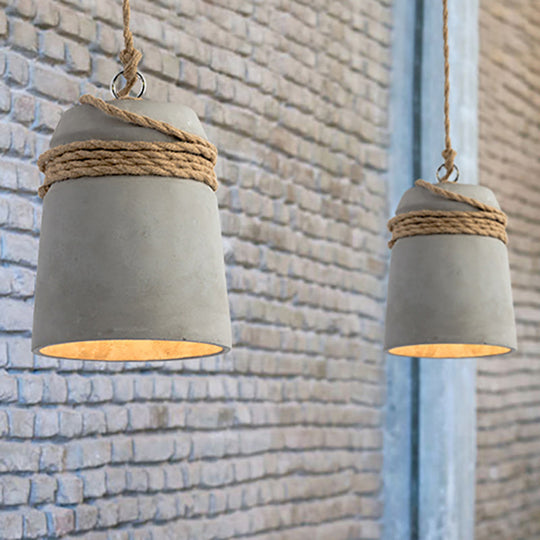 Industrial Concrete Bell Shade Pendant Ceiling Light - 1 Light Grey Hanging Ceiling Fixture with Rope Accent