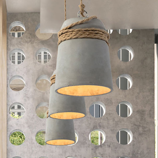 Industrial Concrete Bell Shade Pendant Ceiling Light - 1 Light Grey Hanging Ceiling Fixture with Rope Accent