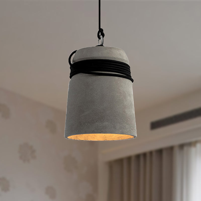 Industrial Concrete Bell Shade Pendant Ceiling Light - 1 Grey With Rope Detailing