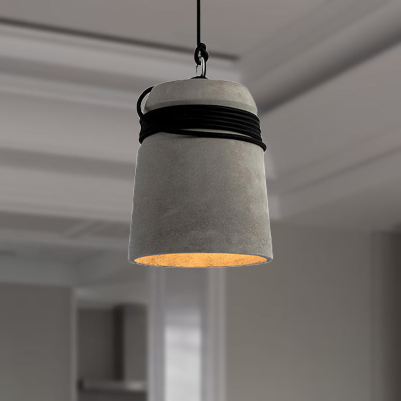 Industrial Concrete Bell Shade Pendant Ceiling Light - 1 Light Grey Hanging Ceiling Fixture with Rope Accent