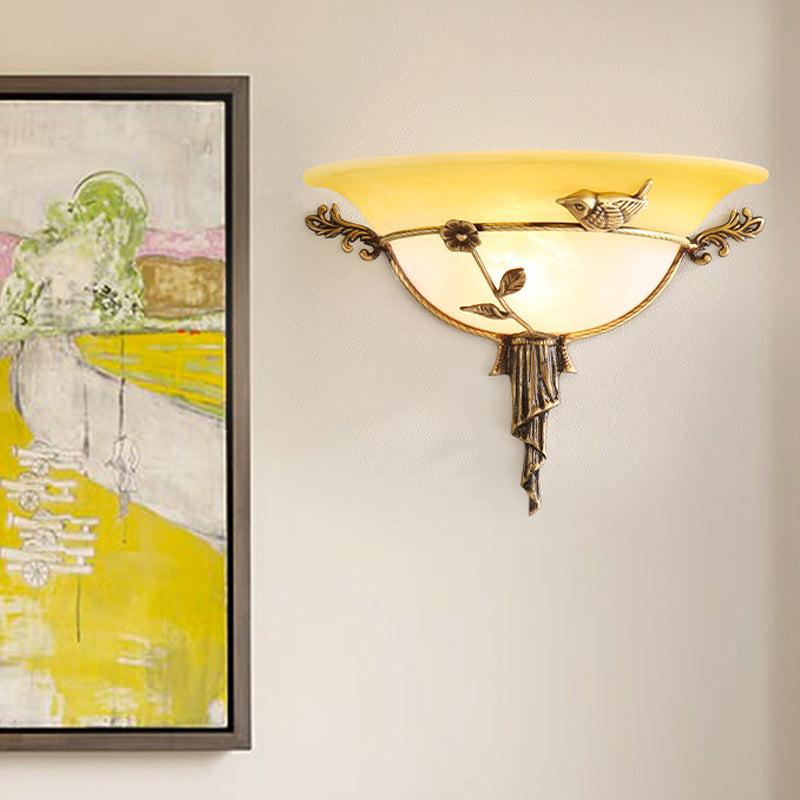 Floral Deco Wall Lamp With Wide Flare In Tradition White/Yellow Glass - Sconce Light Fixture Yellow