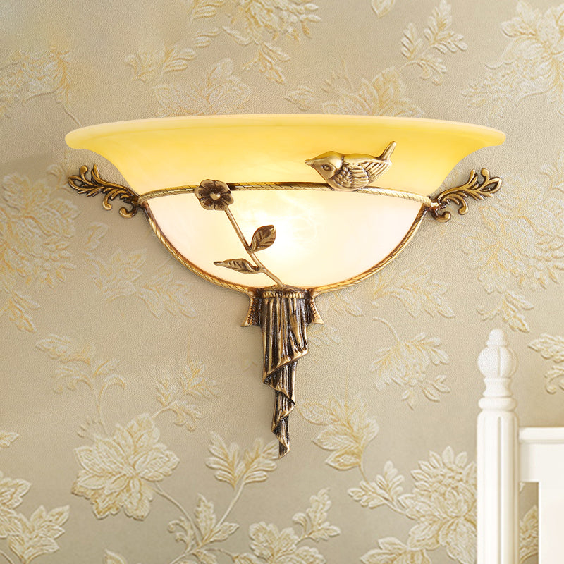 Floral Deco Wall Lamp With Wide Flare In Tradition White/Yellow Glass - Sconce Light Fixture