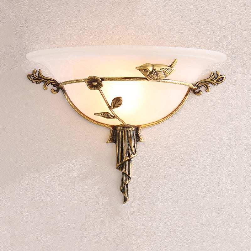 Floral Deco Wall Lamp With Wide Flare In Tradition White/Yellow Glass - Sconce Light Fixture