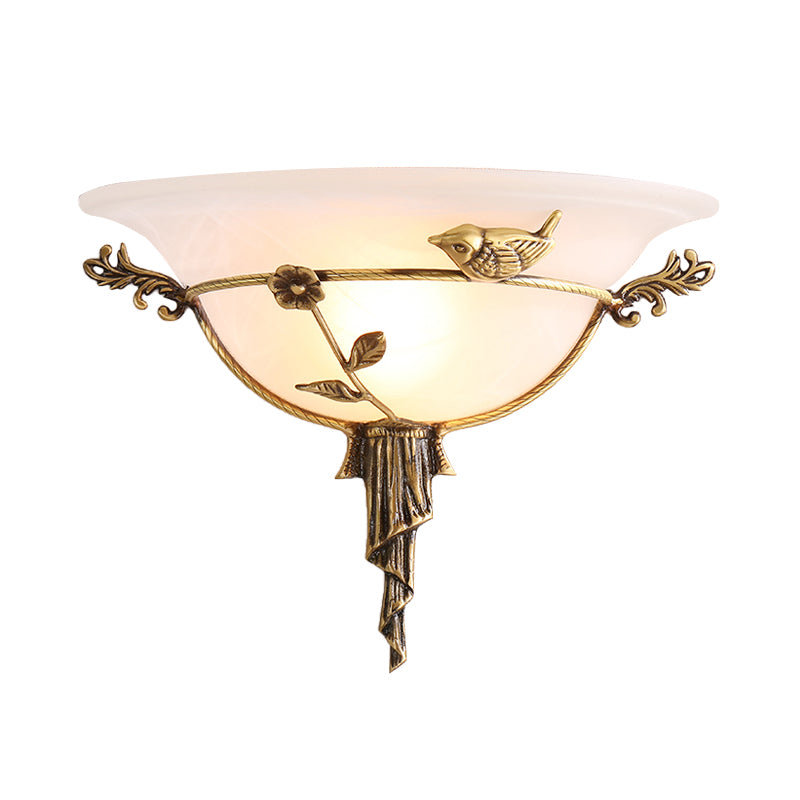 Floral Deco Wall Lamp With Wide Flare In Tradition White/Yellow Glass - Sconce Light Fixture