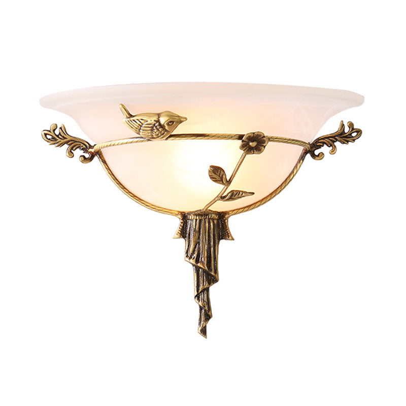 Floral Deco Wall Lamp With Wide Flare In Tradition White/Yellow Glass - Sconce Light Fixture