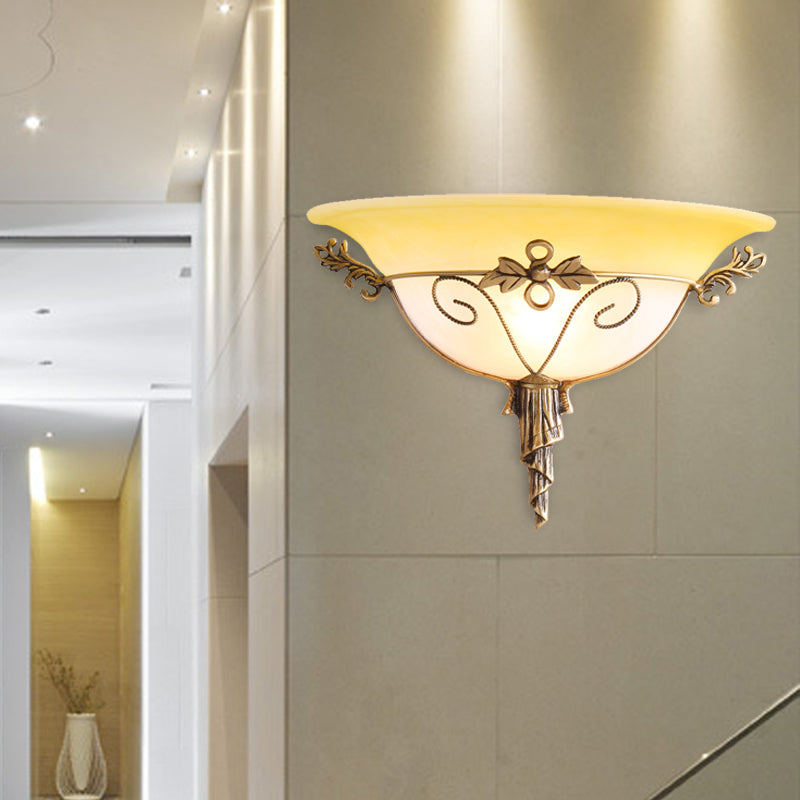 Trumpet Sconce With White/Yellow Glass And Leaf Deco For Stairway - Wall Mounted Light Fixture (1