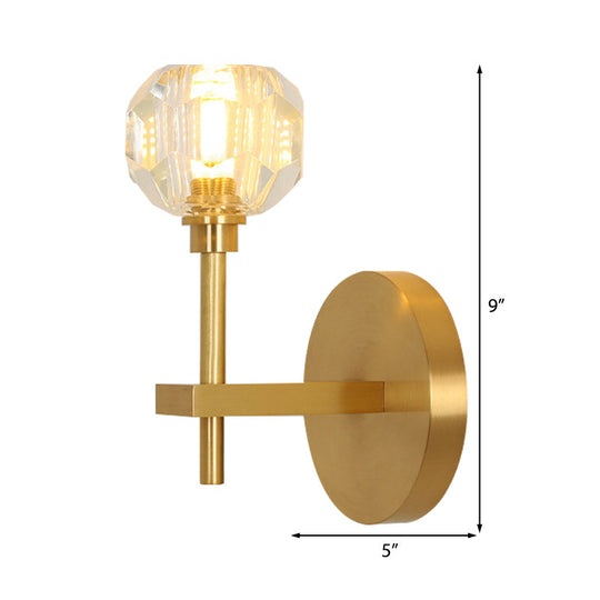 Clear Crystal Dome Wall Light Fixture - Modern Brass Finish 1/2-Light Living Room Lamp