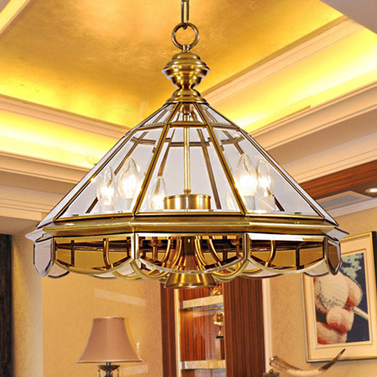 Traditional Clear Glass Cone Pendant Chandelier - 6 Bulbs Brass Ceiling Light