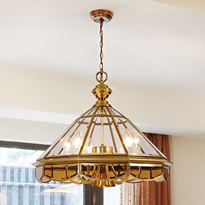 Traditional Clear Glass Cone Pendant Chandelier - 6 Bulbs Brass Ceiling Light