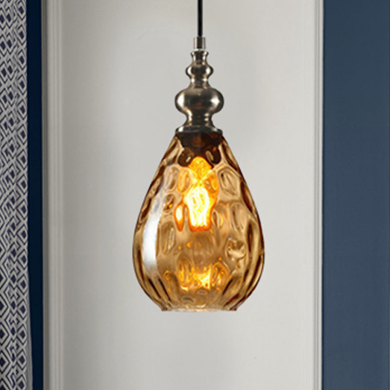 Contemporary Amber/Clear Dimple Glass Water Drop Pendant Lamp - 6/8 Wide 1 Head Bedside Hanging